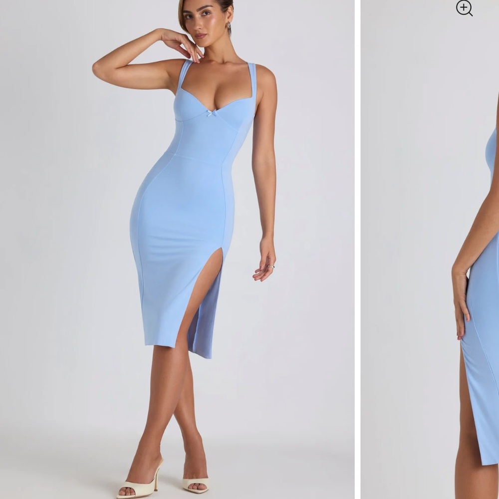 Oh Polly Modal Bow-Detail Sweetheart Neck Midi Dress in Sky Blue